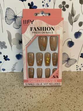 Coffin Press On Nails Long Length Full Cover Designer Nails Beige Stoned Bling
